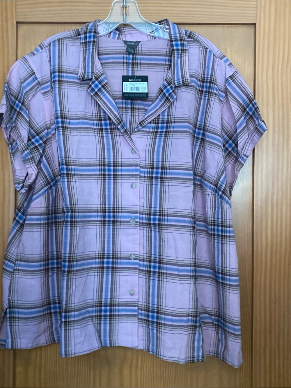 Eddie Bauer Women’s Plaid Lilac, Blue, Brown  Packable Camp Shirt NWT